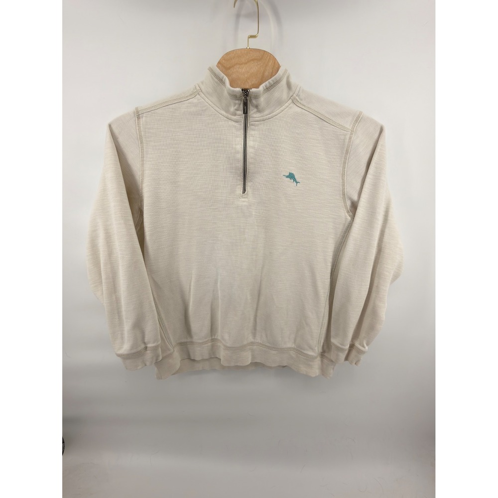 Tommy Bahama Tobago Bay Half Zip Pullover Mens XL Cream Marlin Logo Pima Cotton